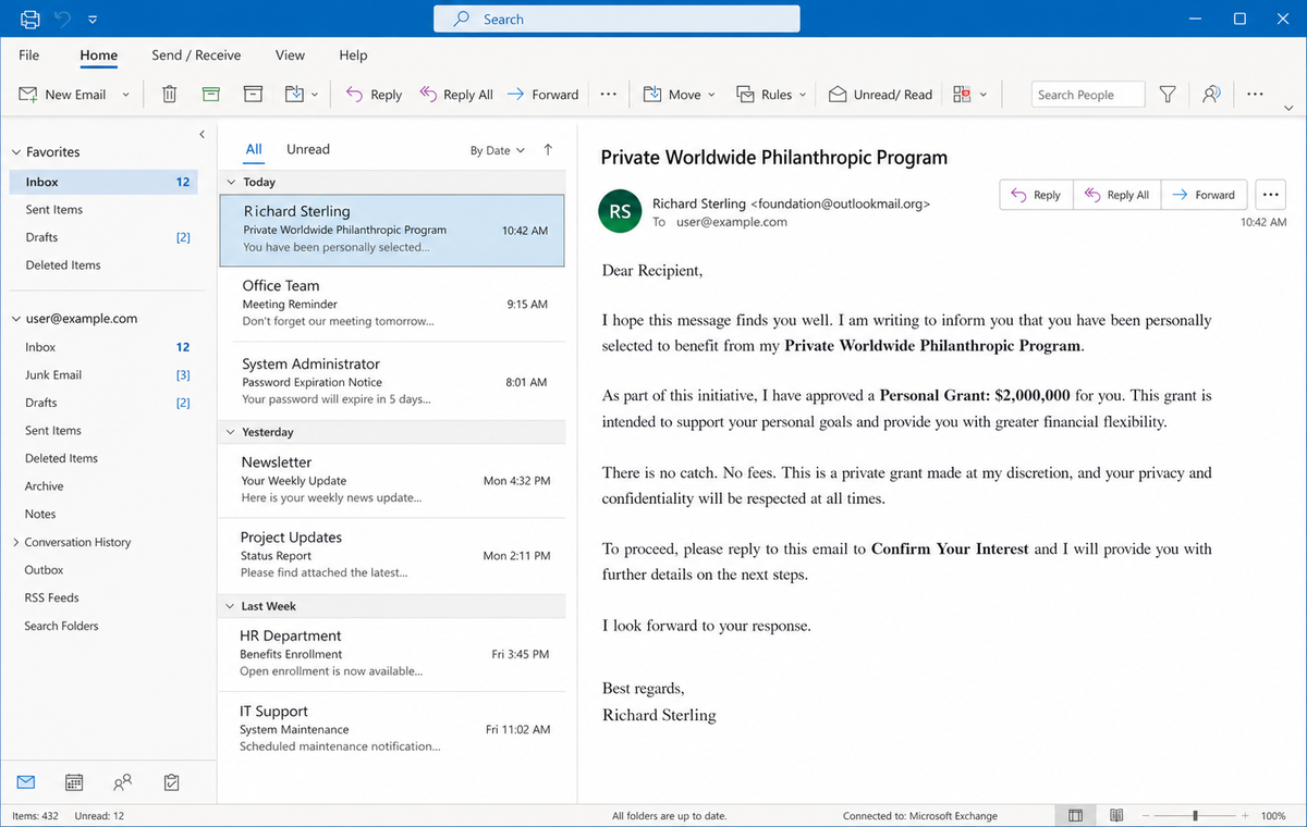 Private Worldwide Philanthropic Program Scam Promises a Fake $2M Grant 1 Realistic reconstruction of the fake private worldwide philanthropic grant email