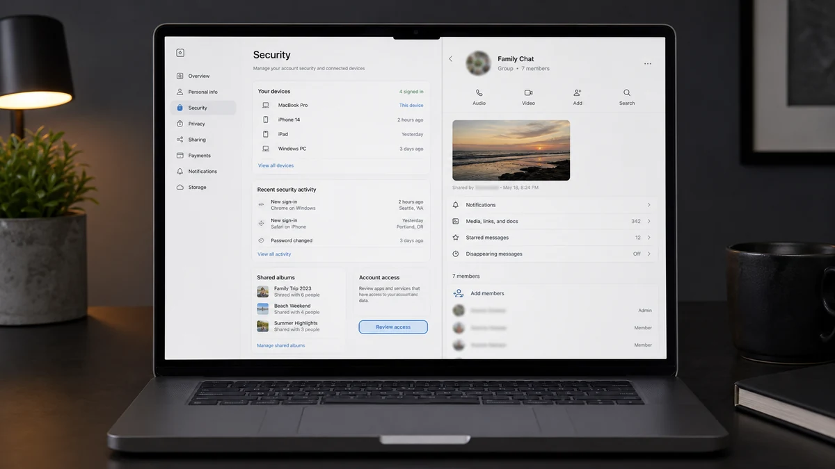 Realistic reconstruction of a Google account security screen and family chat being reviewed after an impersonation attempt