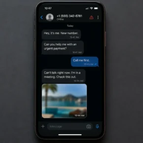 Realistic reconstruction of a messaging app showing a private photo beside an urgent request for money
