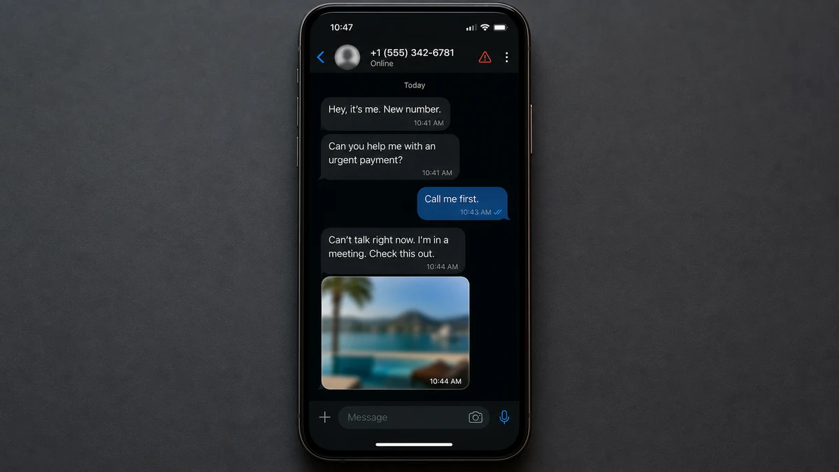 Realistic reconstruction of a messaging app showing a private photo beside an urgent request for money