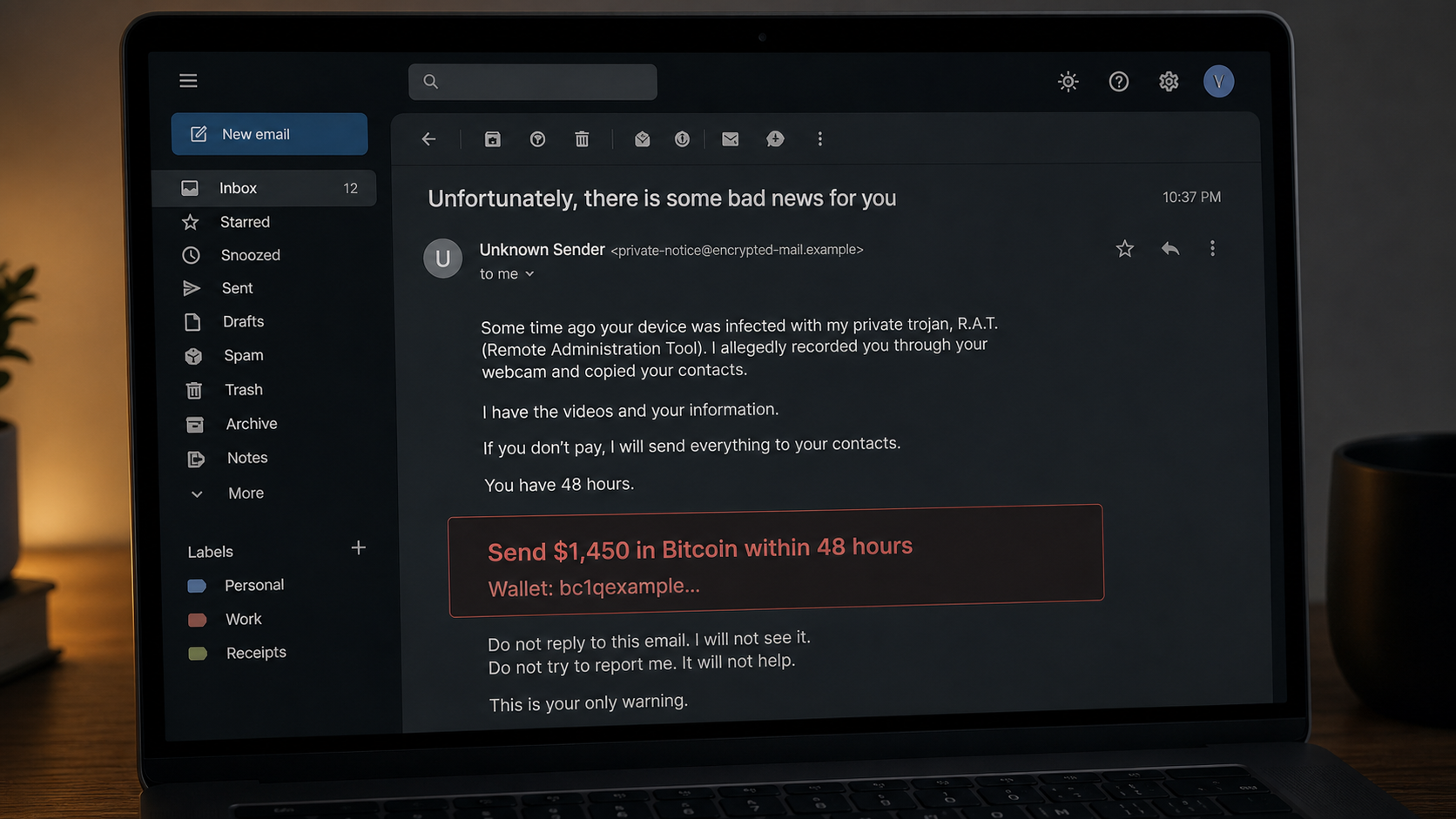 Private Trojan R.A.T. Sextortion Email Scam: Do Not Pay 1 Example of the Private Trojan R.A.T. sextortion email demanding Bitcoin