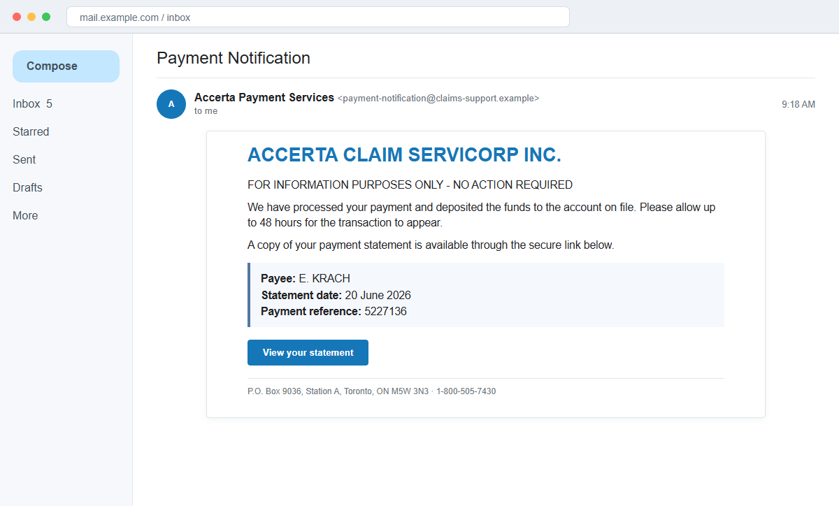 Reconstruction of a fake Accerta payment notification claiming a deposit was processed