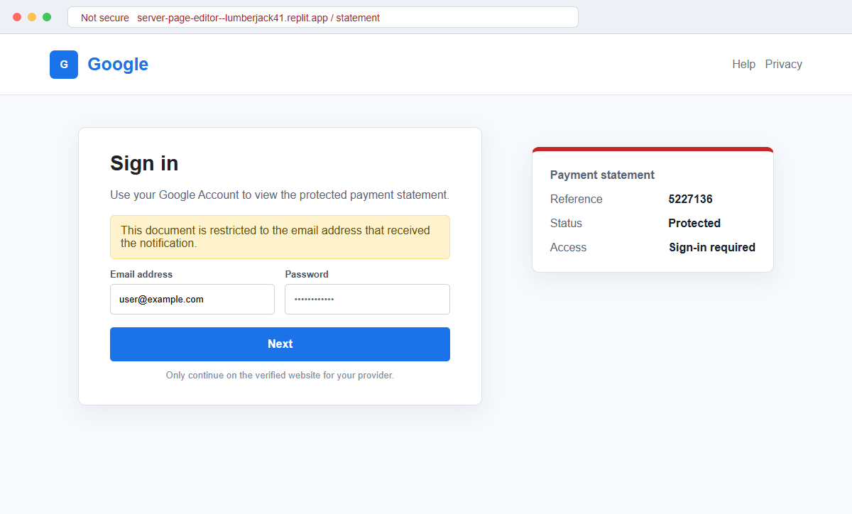Reconstruction of a fake Google sign-in page used to steal an email password