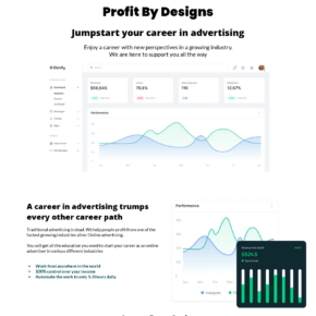 Profit By Designs homepage promising an advertising career and automated work