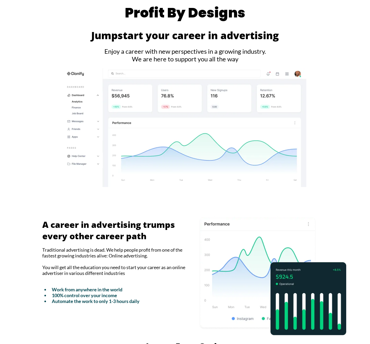 AI Automated Business Offer Exposed: Fake or Real? Full Investigation Now 1 Profit By Designs homepage promising an advertising career and automated work