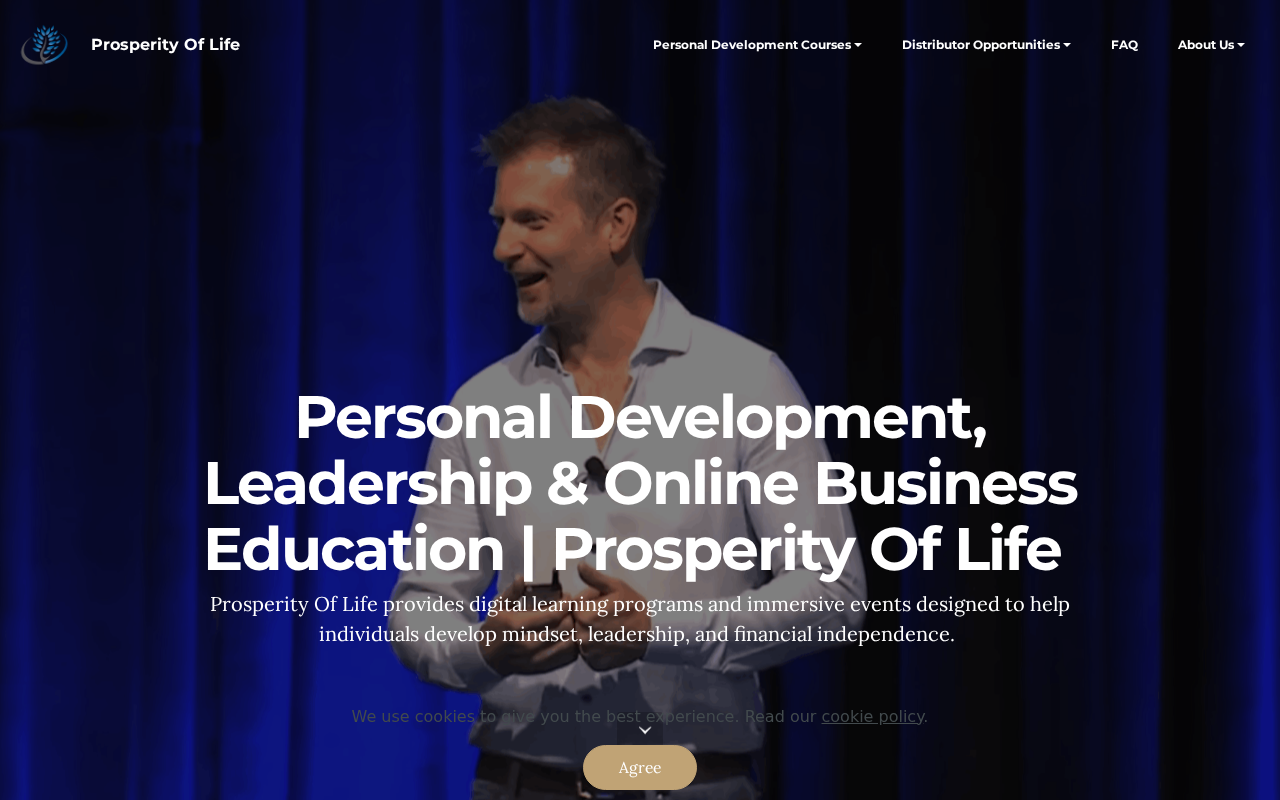 Prosperity of Life homepage pitching personal development, leadership, and online business education