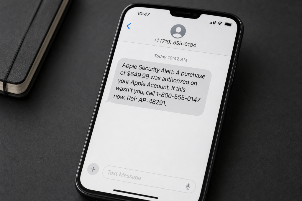 Realistic reconstruction of a fake Apple security alert text using fictional phone numbers