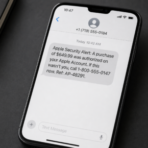 Realistic reconstruction of a fake Apple security alert text using fictional phone numbers