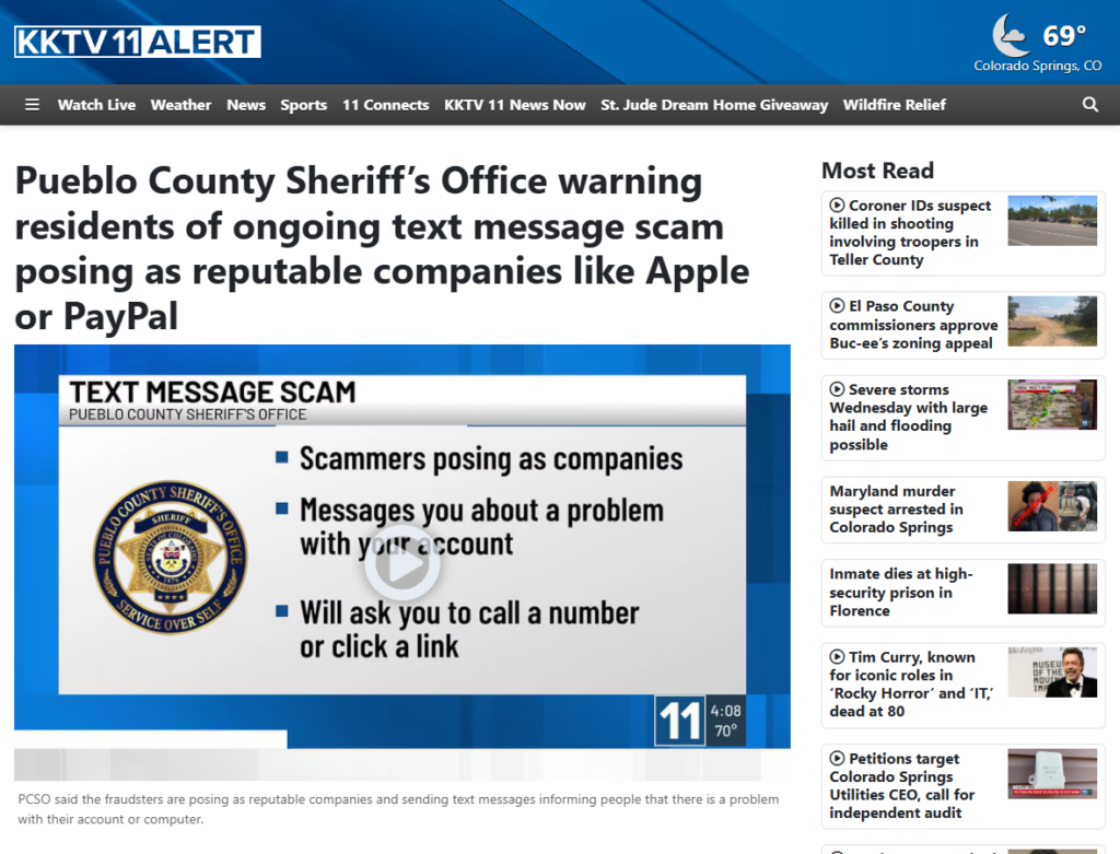KKTV report showing the Pueblo County Sheriff Office warning about company impersonation text messages