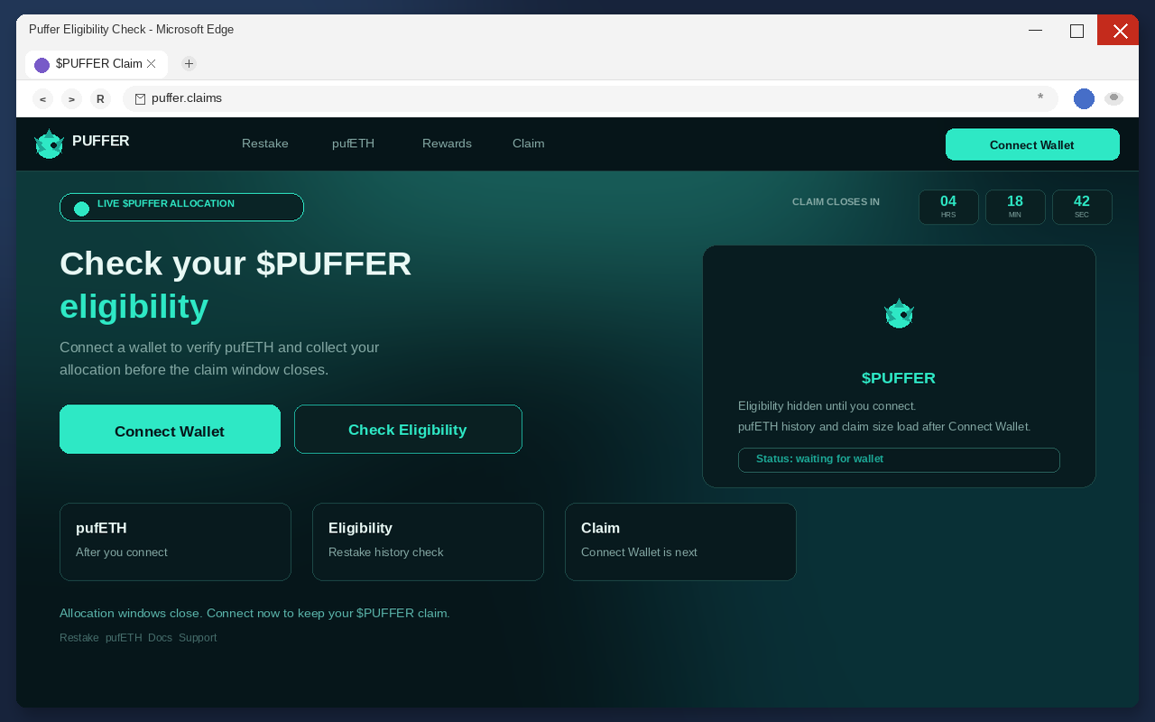 Puffer Airdrop EXPOSED: Fake Claim Pages Drain Wallets 1 Fake Puffer airdrop claim page with Connect Wallet