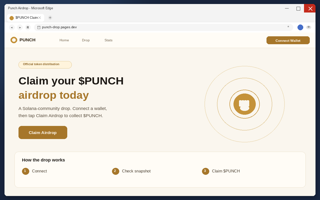 Punch Airdrop EXPOSED: Fake $PUNCH Claim Pages Drain Wallets 1 Fake $PUNCH airdrop claim page with Claim Airdrop and Connect Wallet