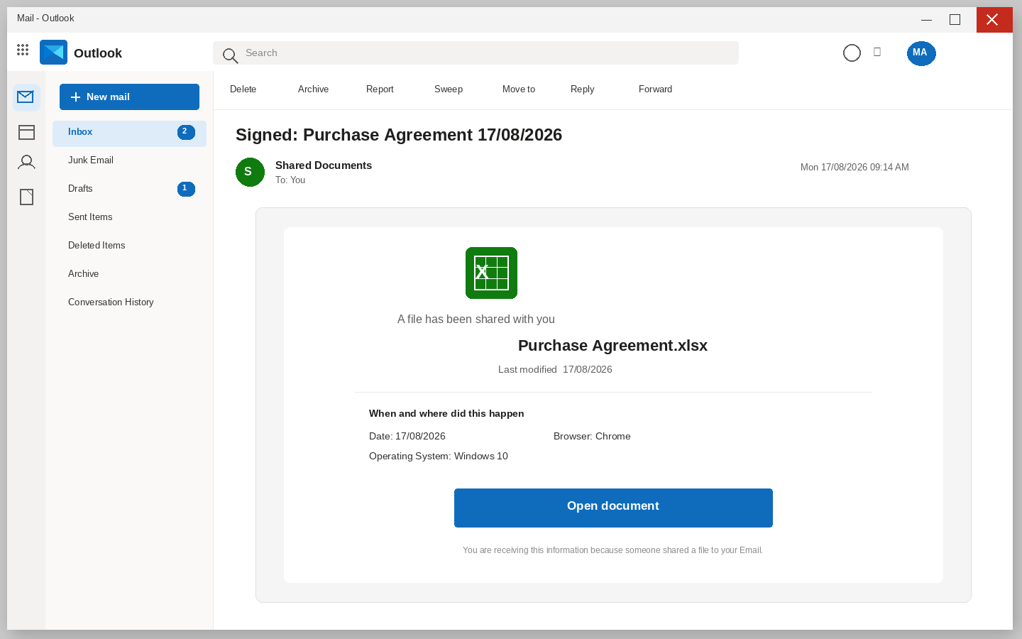 Signed purchase agreement email with an Open document button