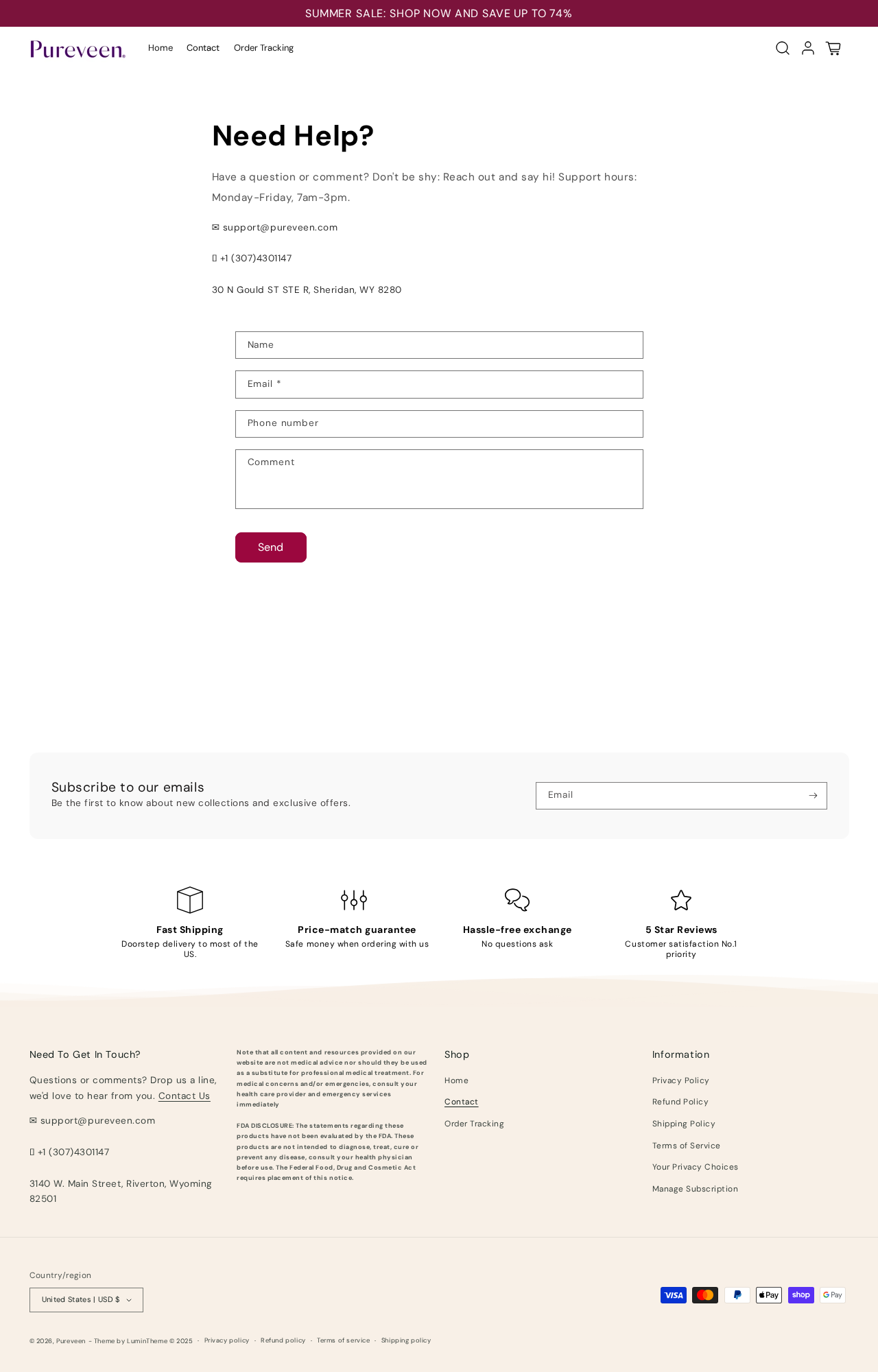 Pureveen contact page displaying one Wyoming address near the top and a different Wyoming address in the footer