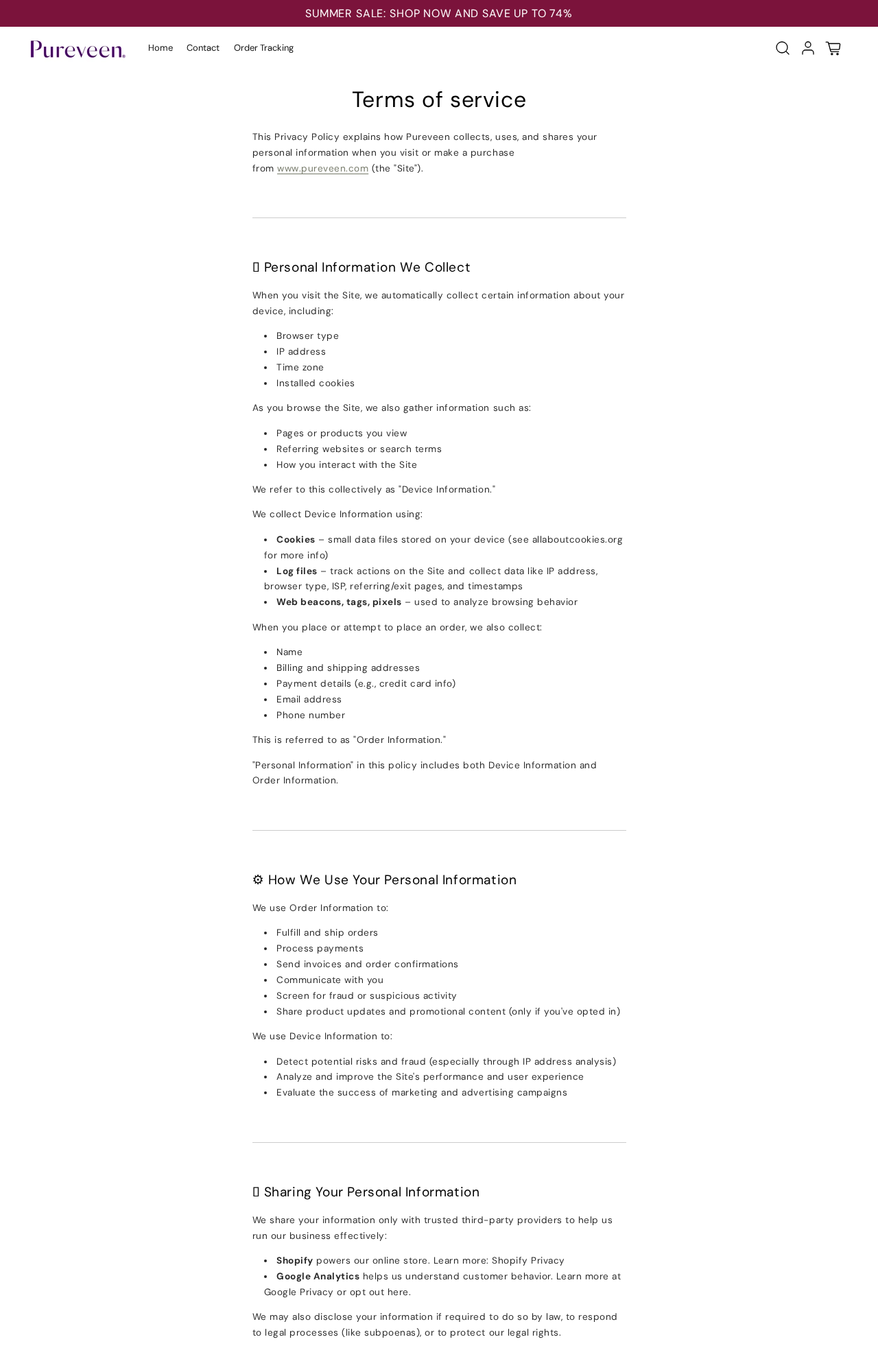 Pureveen terms page showing inconsistent policy labeling and general collection of order and payment information