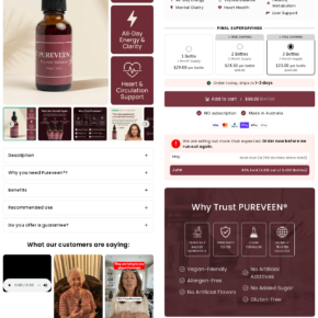 Pureveen Thyroid Balance product page showing liquid supplement bottles, bundle pricing, and no subscription wording