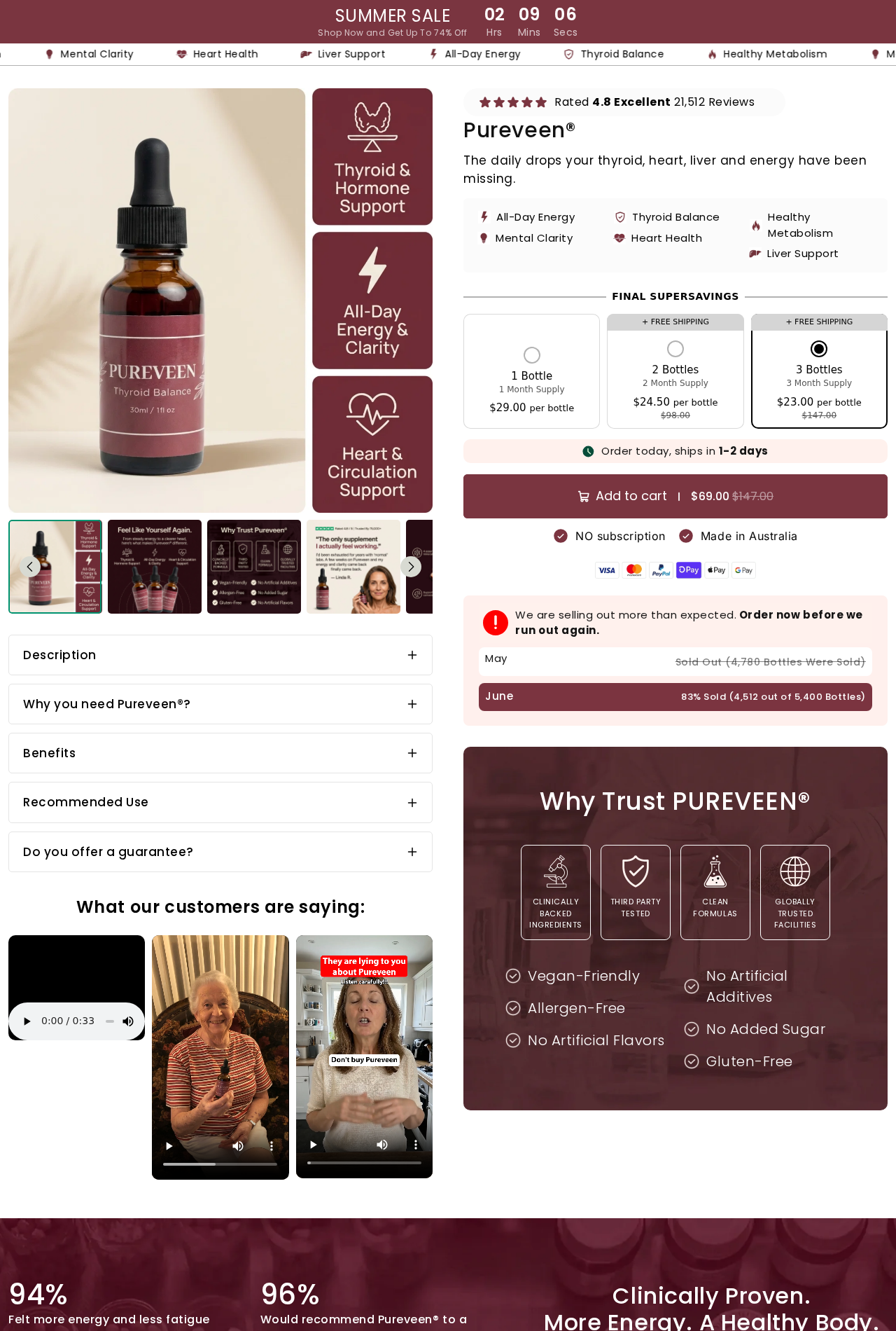Pureveen Thyroid Balance product page showing liquid supplement bottles, bundle pricing, and no subscription wording