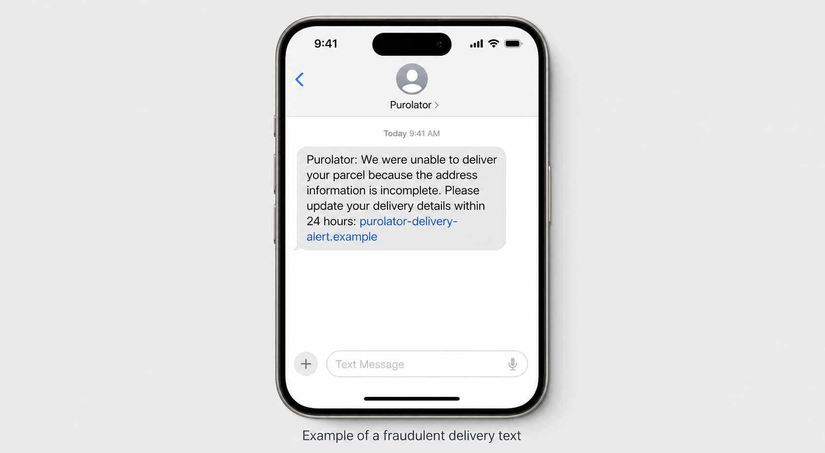 Purolator Text Scam: How the Fake Delivery Message Steals Your Information 1 Example of a fraudulent Purolator delivery text message displayed on a smartphone