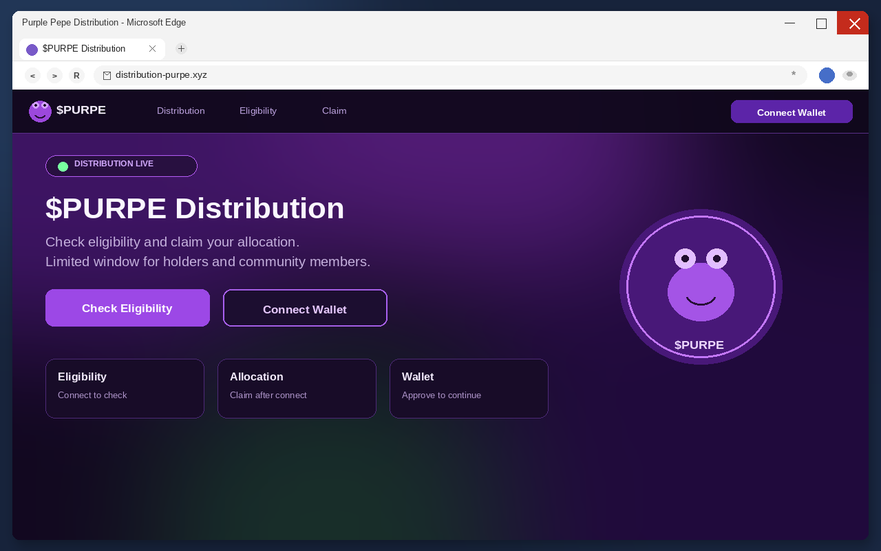 Purple Pepe Airdrop EXPOSED: Fake $PURPE Claim Pages Drain Wallets 1 Fake $PURPE distribution page with Connect Wallet