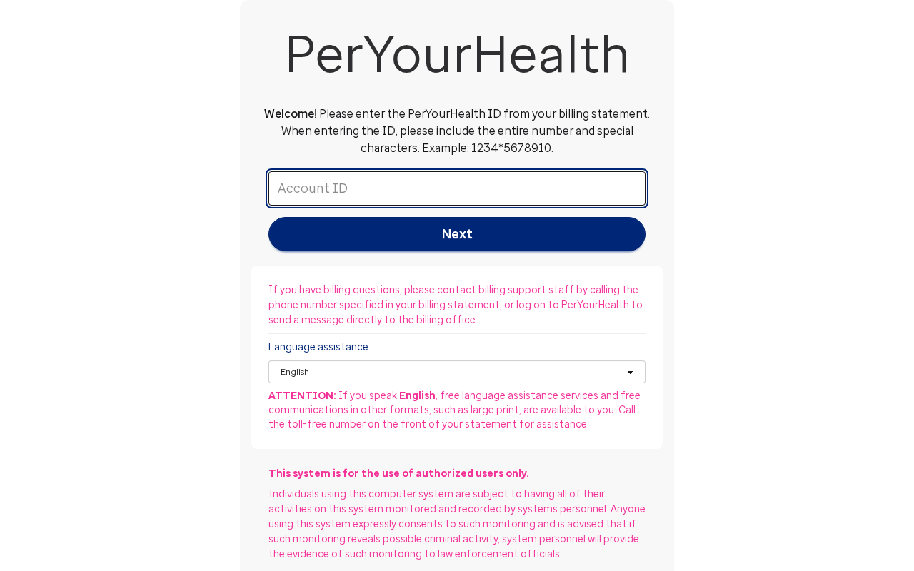 Official PerYourHealth login page asking for the account ID from a billing statement