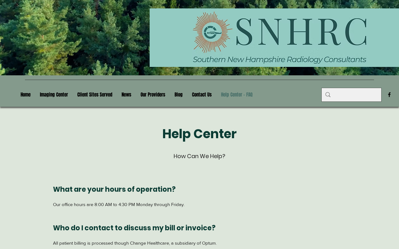 Southern New Hampshire Radiology Consultants Help Center stating billing is processed through Change Healthcare, a subsidiary of Optum