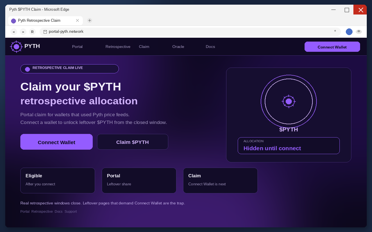 Pyth Airdrop EXPOSED: Fake $PYTH Claim Pages Drain Wallets 1 Fake Pyth airdrop claim page with Connect Wallet