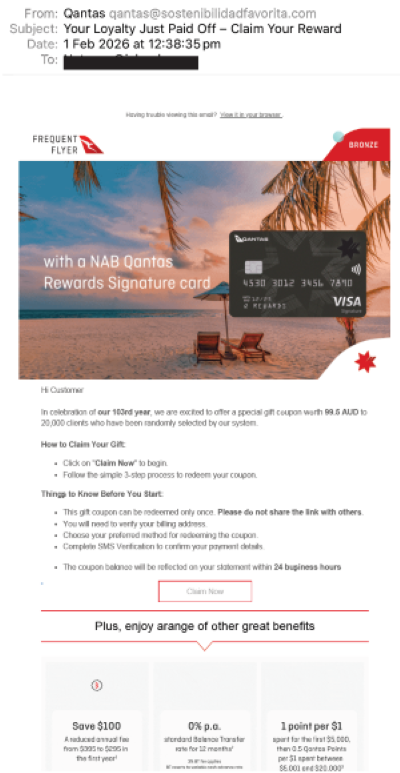 Fake Qantas Frequent Flyer reward email promising a .50 AUD gift coupon