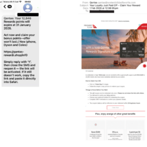Fake Qantas text and email messages promising expiring reward points and a loyalty prize