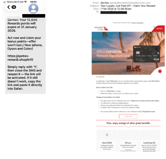Fake Qantas text and email messages promising expiring reward points and a loyalty prize
