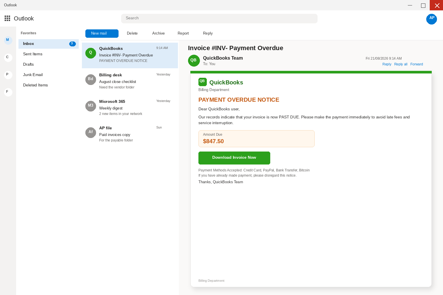 Outlook view of a QuickBooks payment overdue email with a Download Invoice Now button and a past due notice