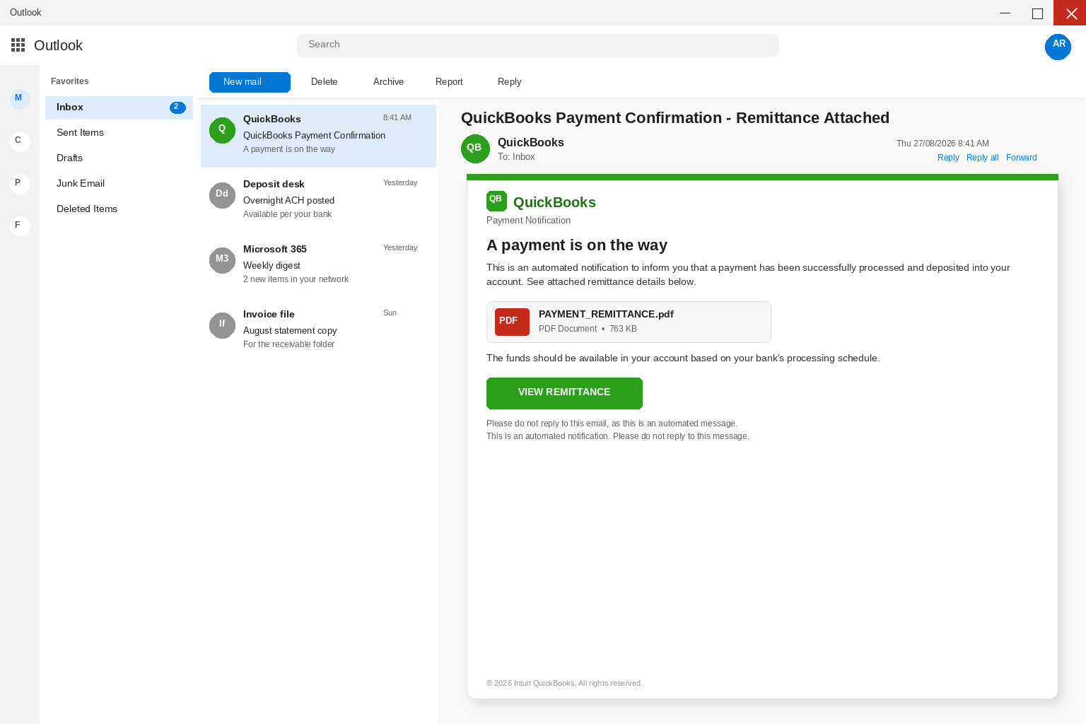QuickBooks remittance email scam screenshot