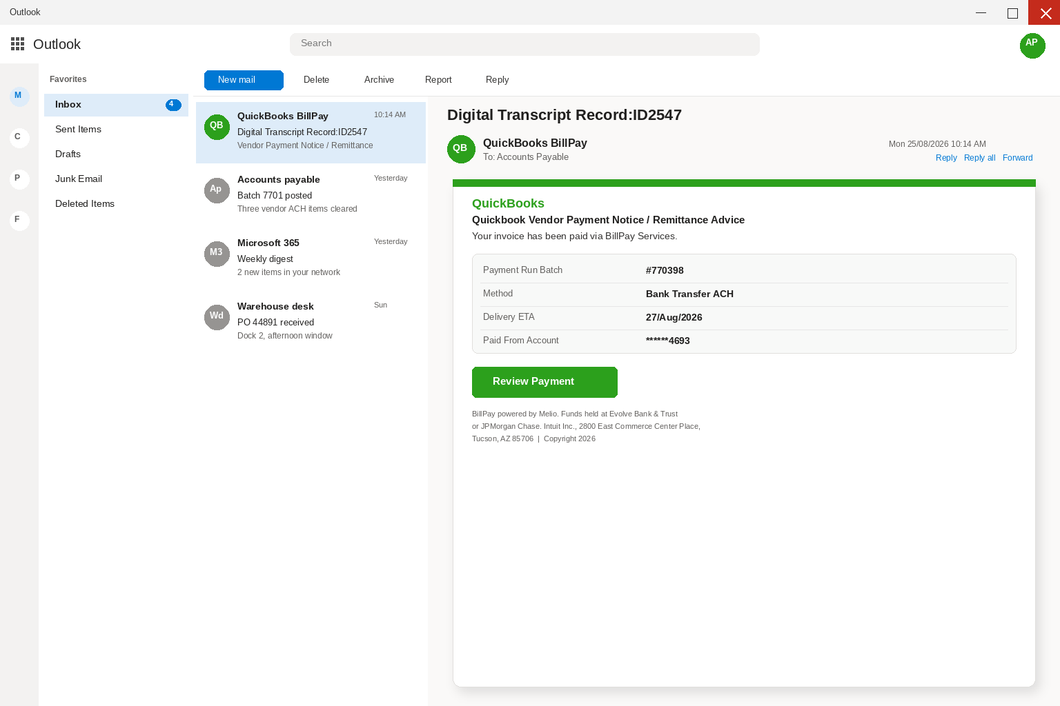 QuickBooks-themed vendor payment email with a Review Payment button