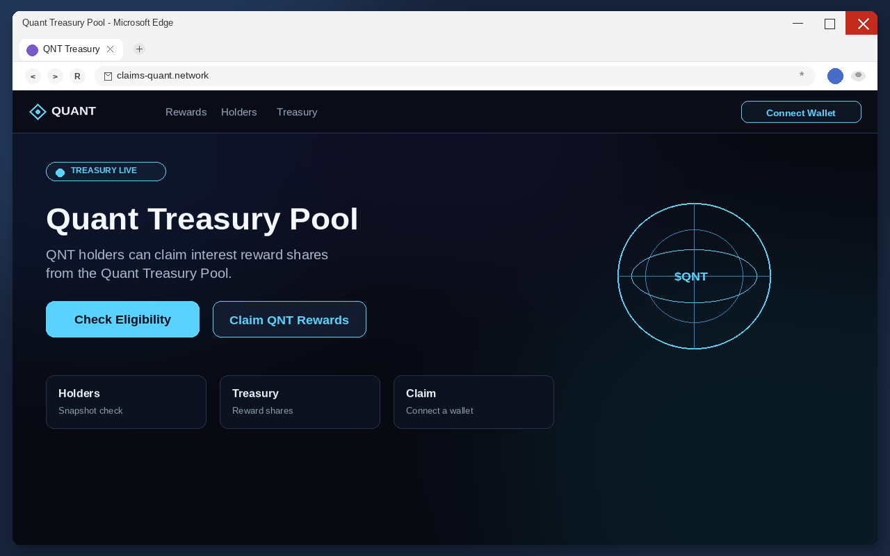 Fake Quant treasury-rewards page with Connect Wallet and Check Eligibility