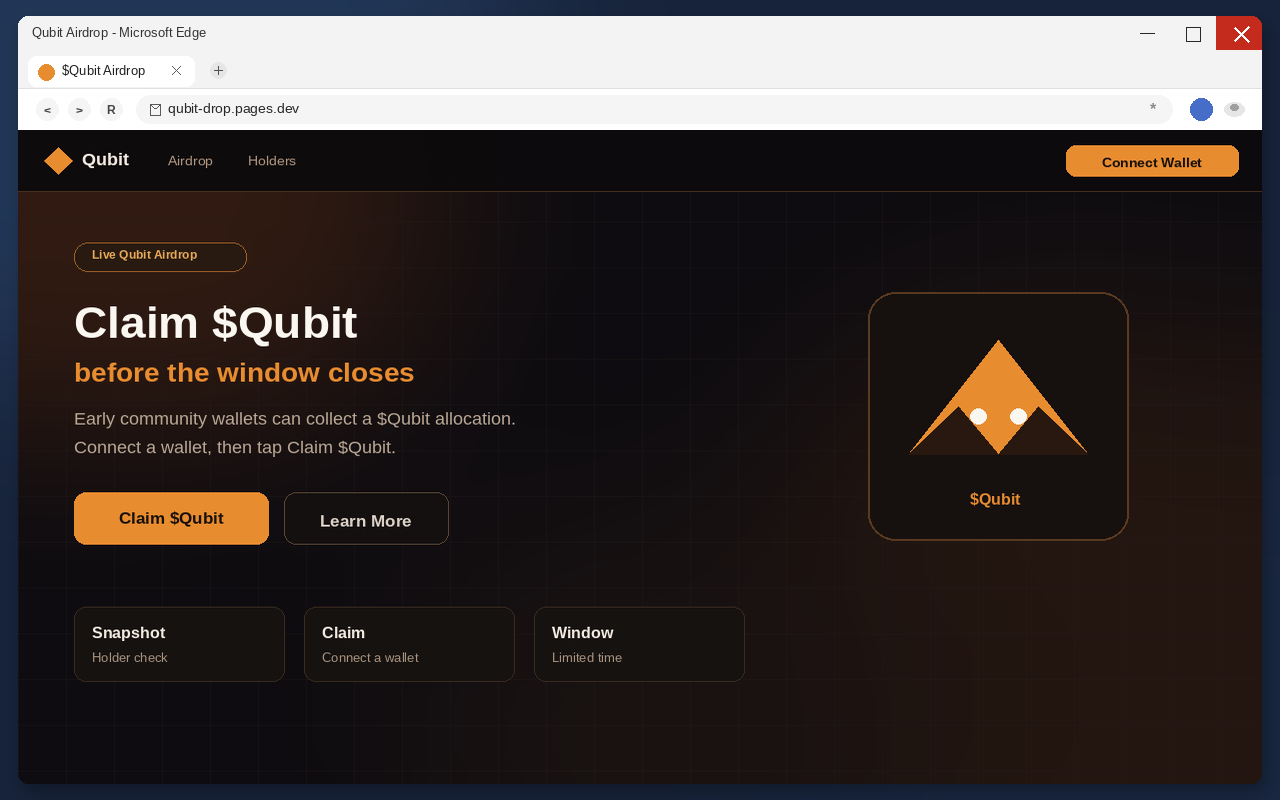 $Qubit Airdrop Scam EXPOSED: Fake Claim Pages Are Draining Crypto Wallets 1 Fake $Qubit airdrop claim page with Claim $Qubit and Connect Wallet