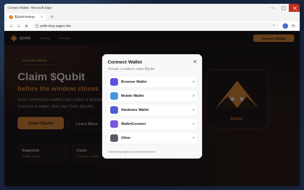 $Qubit Airdrop Scam EXPOSED: Fake Claim Pages Are Draining Crypto Wallets 2 Fake $Qubit claim page Connect Wallet dialog