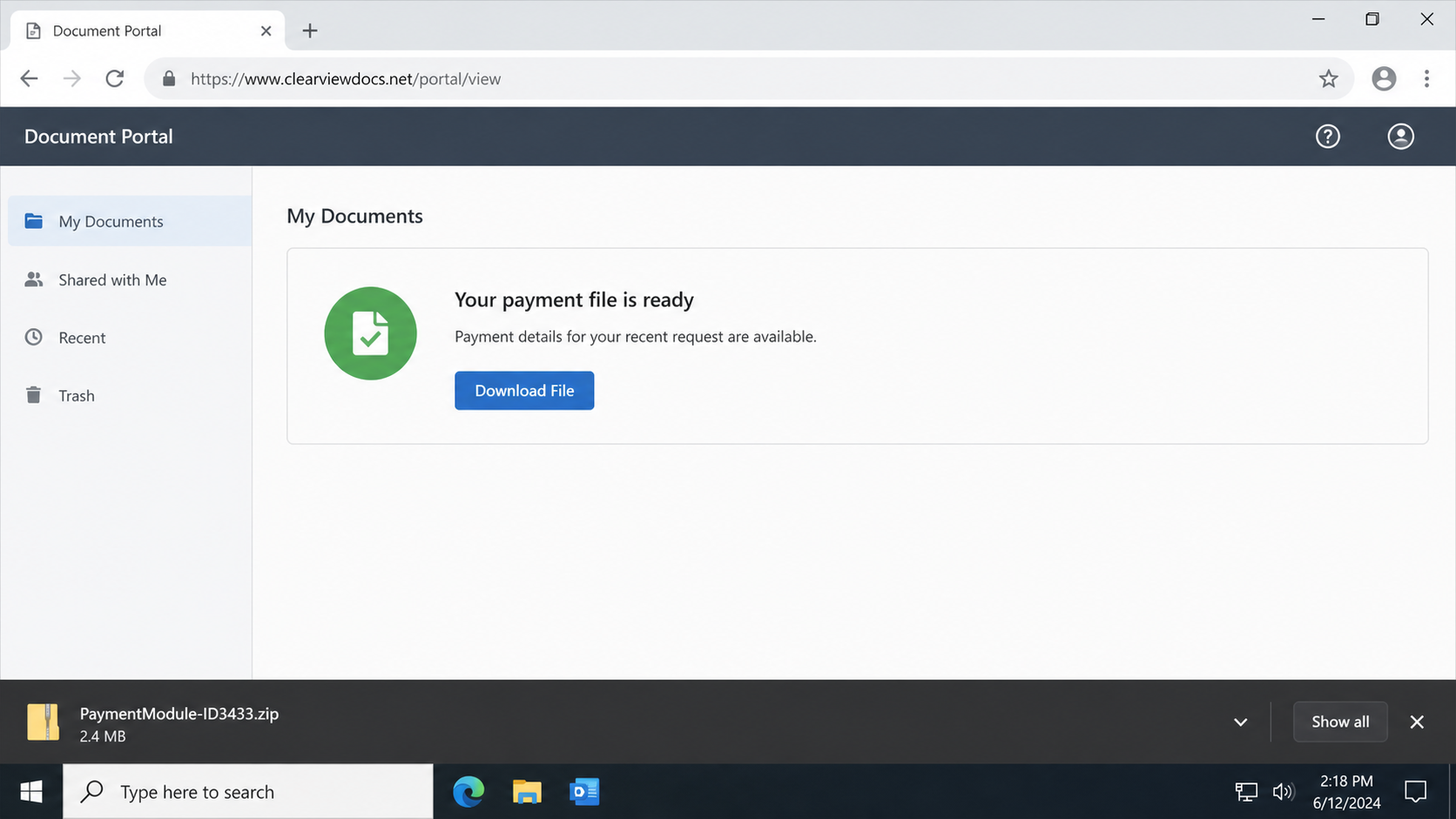 Suspicious payment portal offering a PaymentModule ZIP archive instead of a remittance record