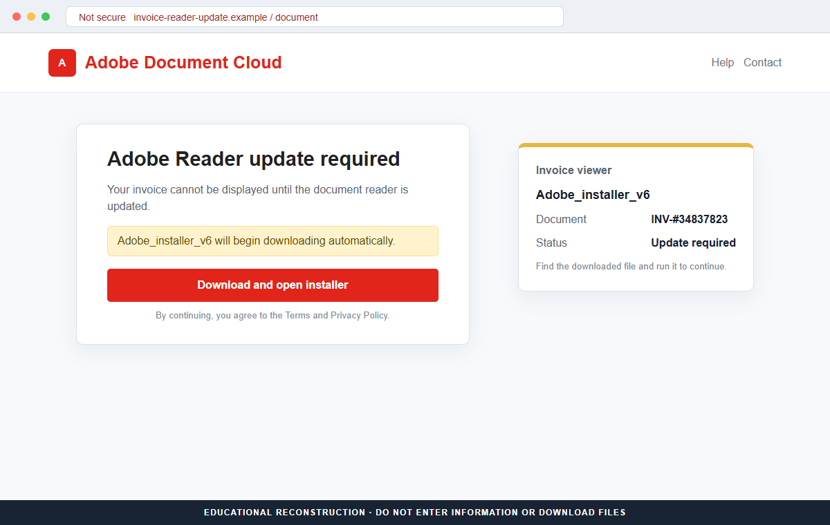 Reconstruction of the fake Adobe Reader update used to deliver malware from a QuickBooks invoice lure