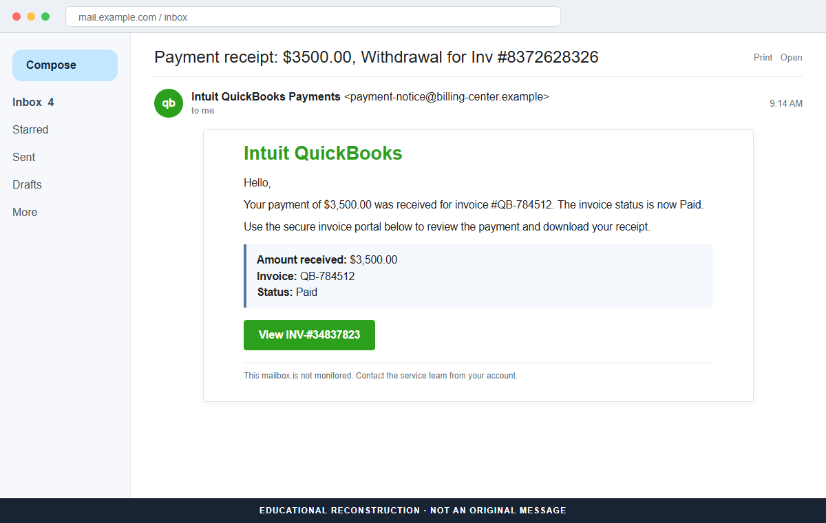 Reconstruction of the Intuit QuickBooks payment invoice email scam claiming a $3,500 payment