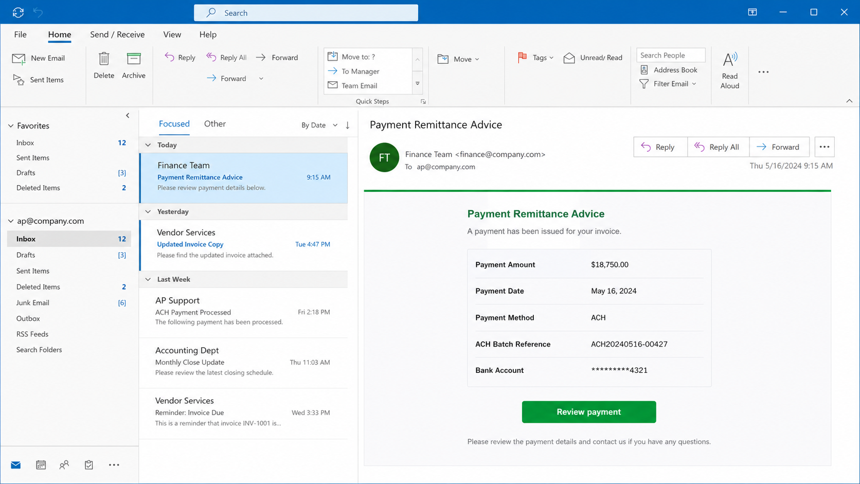 Suspicious vendor payment email showing ACH remittance details and a Review Payment button