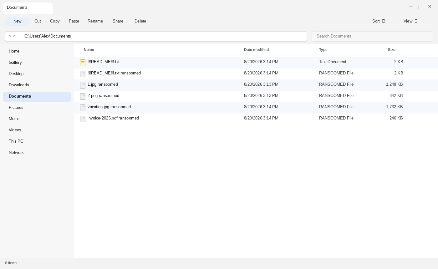 Encrypted files after Ransoomed. The .ransoomed names and !!!READ_ME!!!.txt are the tell.