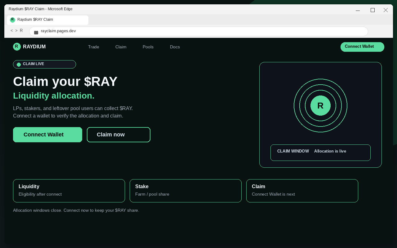 Fake Raydium airdrop claim page with Connect Wallet