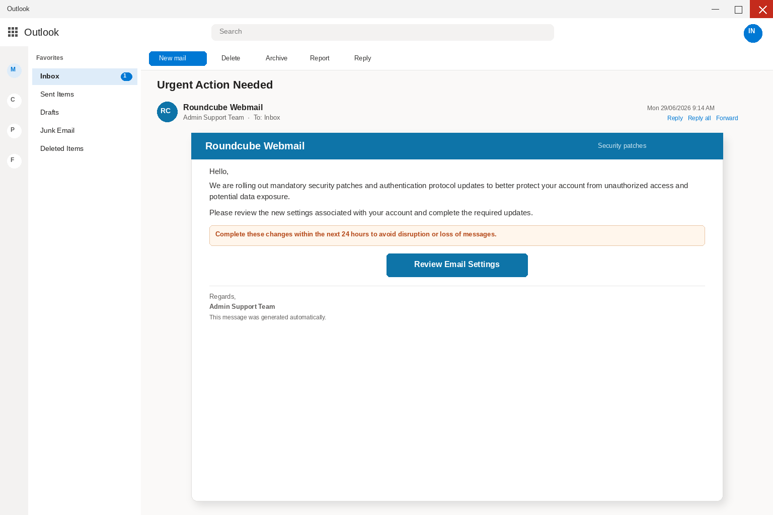 Outlook view of a Roundcube Webmail security patches email with a Review Email Settings button and a 24-hour deadline