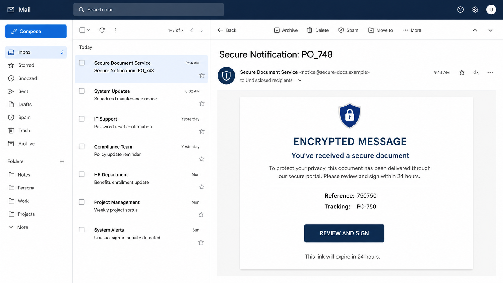 Reconstructed You've Received a Secure Document phishing email