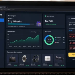 Realistic reconstruction of a Recom product boosting task dashboard showing 31 of 40 tasks and a negative 1600 balance