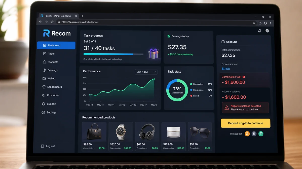 Realistic reconstruction of a Recom product boosting task dashboard showing 31 of 40 tasks and a negative 1600 balance