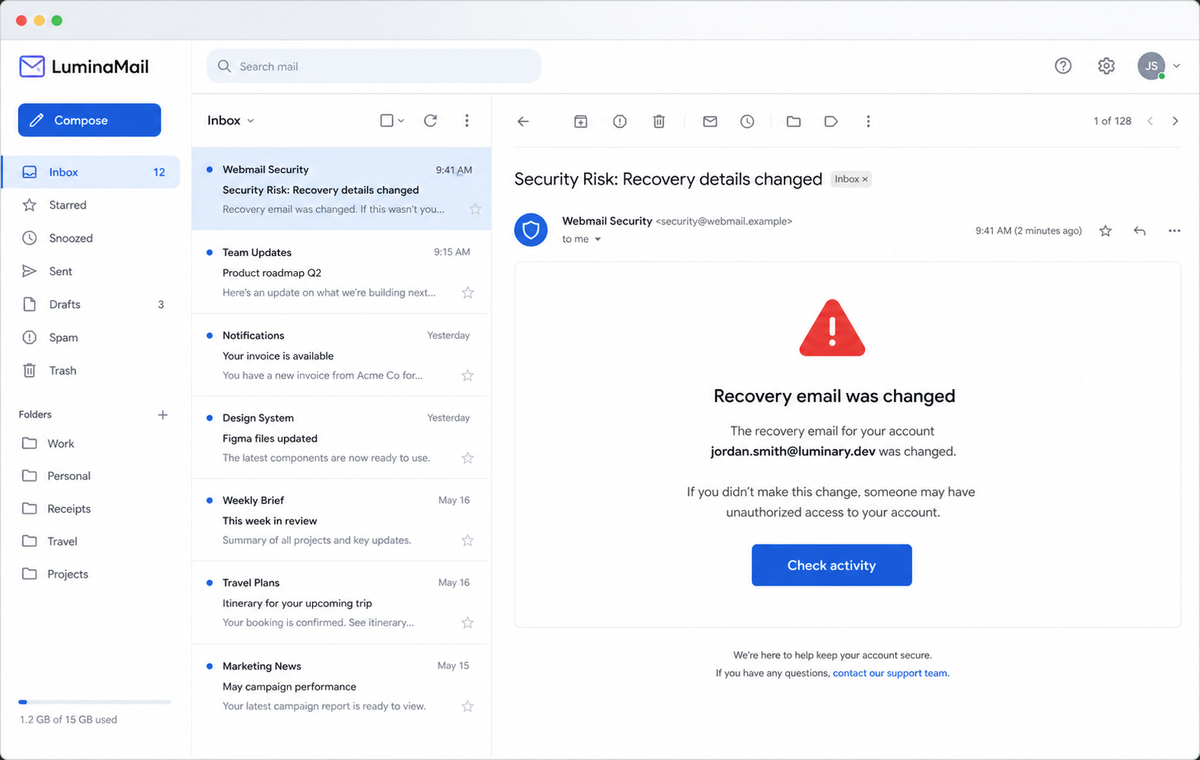 Recovery Email Was Changed Scam Can Steal Your Password and Entire Inbox 1 Realistic reconstruction of the Recovery Email Was Changed phishing alert