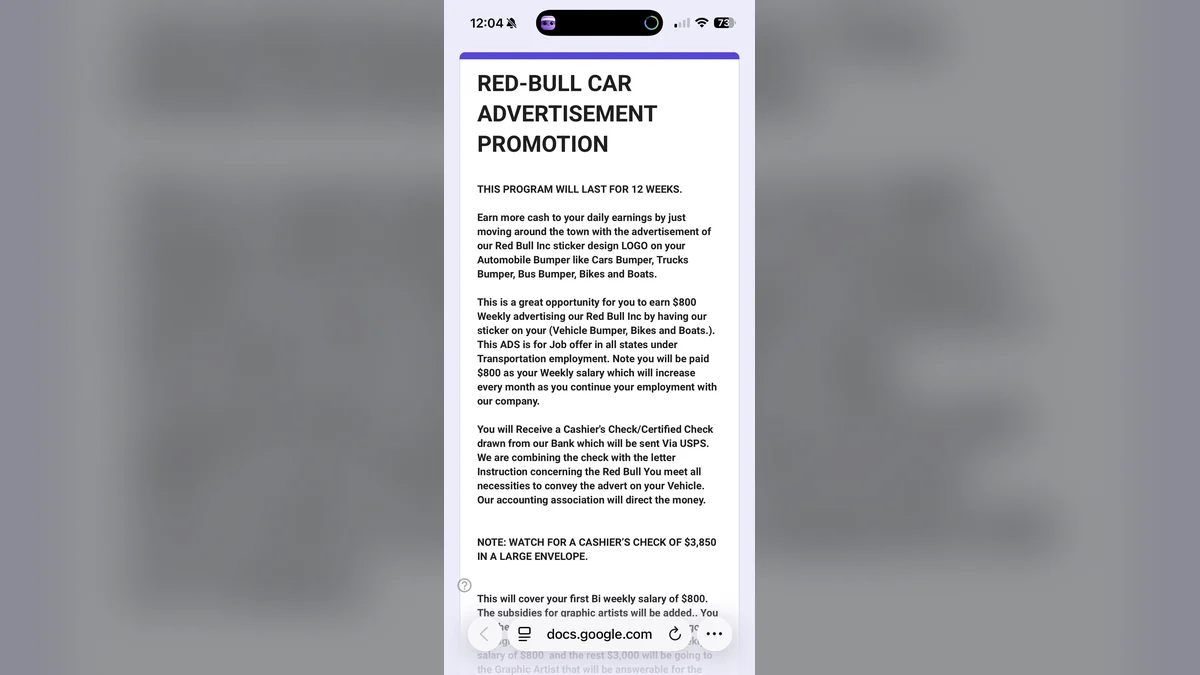 Authentic screenshot of a fake Red Bull car wrap job promising $800 weekly and a $3,850 cashier's check