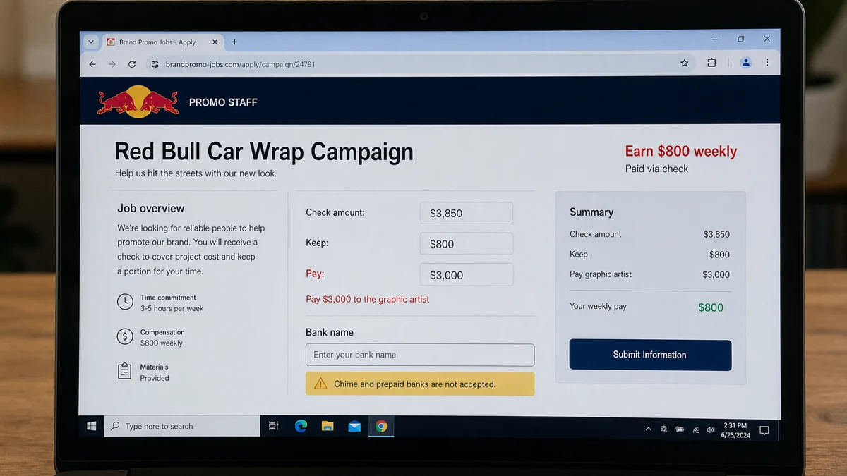 Realistic reconstruction of a fake Red Bull car wrap job form directing $3,000 to a graphic artist