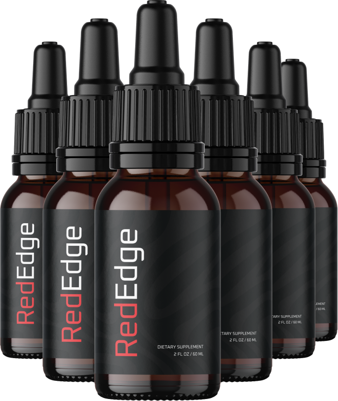 Six bottles of Red Edge liquid supplement displayed in the largest package