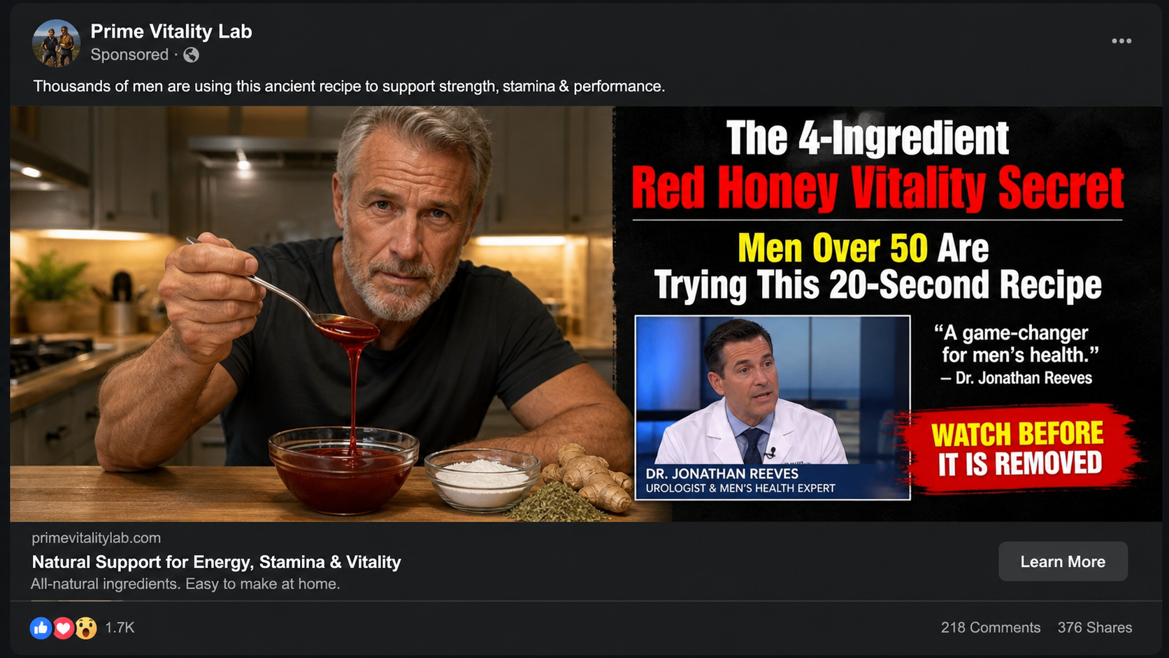 Sylvester Stallone Red Honey Scam: Fake AI Celebrity Videos and Horse Pills 1 Deceptive social ad promoting a fictional red honey vitality recipe