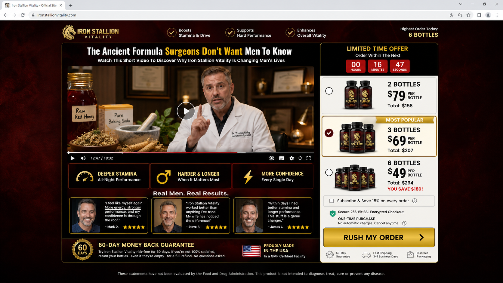 Sylvester Stallone Red Honey Scam: Fake AI Celebrity Videos and Horse Pills 2 Aggressive men's vitality supplement page with multi-bottle packages